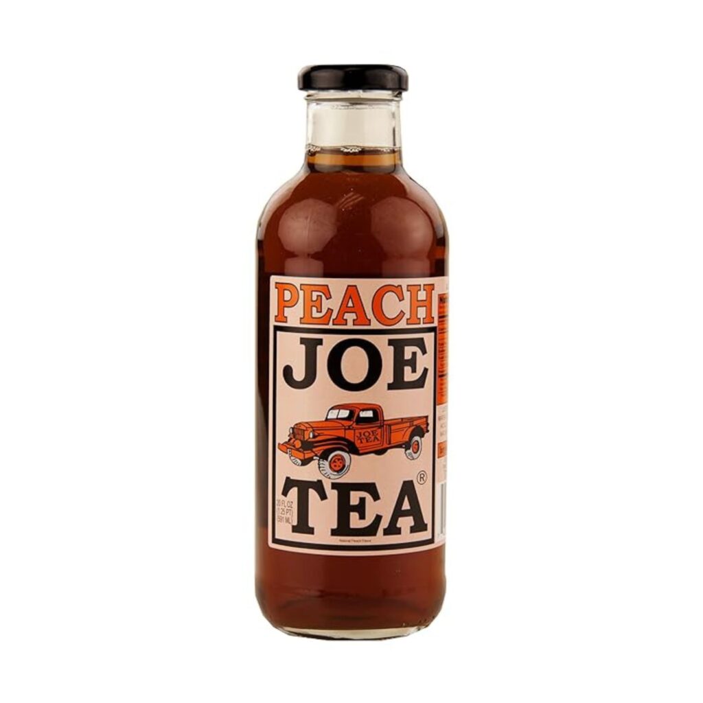 Joe's Peach Tea in a glass bottle.