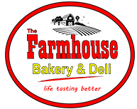 Red and yellow round logo that says "The Farmhouse Bakery and Deli. Life tasting better" with a silhouette of a farm.